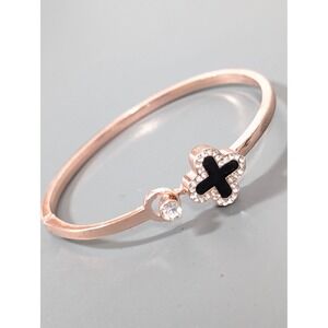 Rose Gold Tone Cross‎ Bangle Bracelet 6.5" Minimalist Hinged Cuff